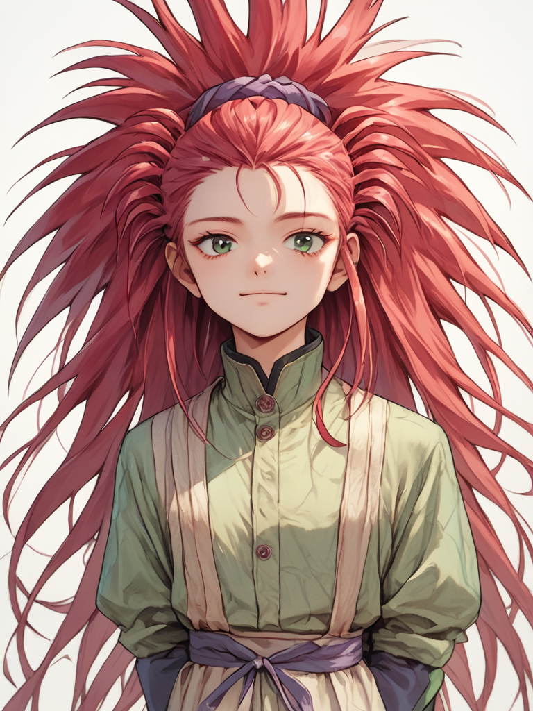 score_7_up, score_8_up, score_9, masterpiece, perfect face, perfect hands, high quality, source_anime, <lora:Washu_-_Tenchi_Muyo:1>washu, green eyes, long hair, red hair, spiked hair, hair pulled back, happy, cowboy shot, hands behind back,
