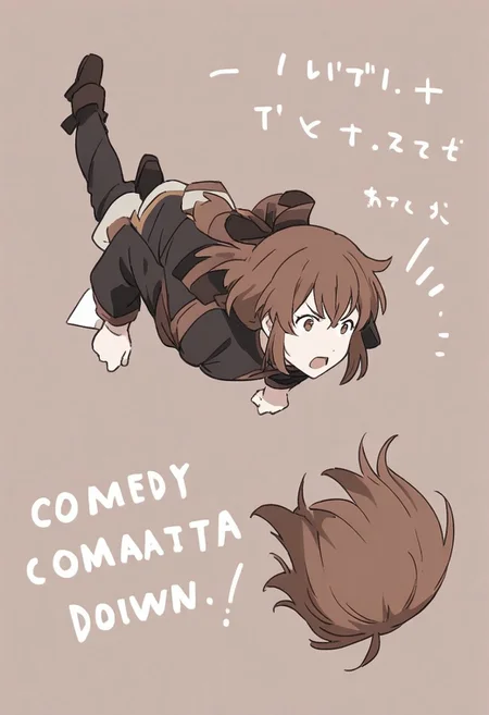 background text:"COMEDY!" <lora:text:1>, juliet fiammata falling down, brown hair, brown eyes,