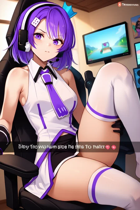 score_9, score_8_up, score_7_up, BREAK, 1girl, solo, breasts,  <lora:snapchat-guy-PONYv1:1>, snapchat,  <lora:gijinkaseries_twitch_ponyXL:1> twitch-chan, purple hair, hair ornament, purple eyes, headset, crown, white shirt, sleeveless shirt, purple necktie, black gloves, black skirt, white thighhighs, bare shoulders, gaming chair, leg up,