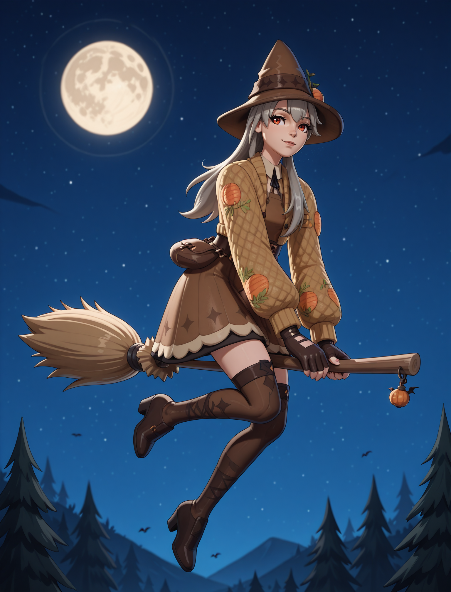 lexahex1x, broom riding, flying, night, moon <lora:Lexa_Hexbringer_ILL:1>