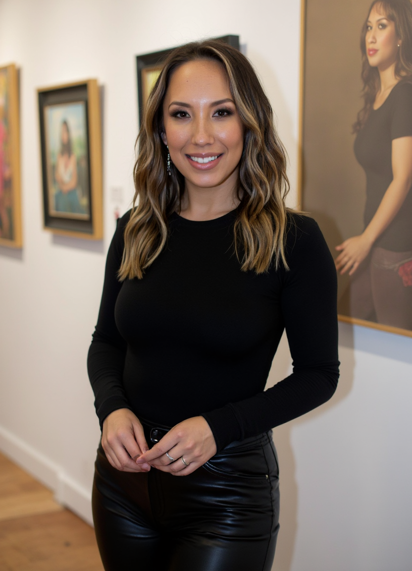 SFW, brightly lit, The image is a portrait of a woman standing in an art gallery. She is wearing a black long-sleeved top and black leather pants. She has long e hair that is styled in loose waves and is wearing minimal makeup. The woman is smiling and looking directly at the camera. In the background, there are several paintings hanging on the wall. The overall mood of the image is confident and relaxed., aidmaimageupgrader<lora:flux\custom\celebrity\cheryl-burke.safetensors:1.05:1.05> <lora:turbo-8-step-flux.safetensors:0.5:0.5> <lora:flux\style\Common\aidmaImageUprader-FLUX-v0.3.safetensors:0.25:0.25>