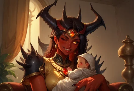 score_9, score_8, score_7, score_7_up, score_8_up, luxurious Arabian livingroom, indoor, night, pov\(((male human)), dressed, ((holding one hand))\) staring at woman\(female monster, (red skin female), (hairless), horns, claws, tail, teeth, sharp teeth, spikes, winking at you, yellow eyes, glowing eyes, wearing arab dress, jewellery, gold, blushing, happy, smug smile, baby carry, swaddled\), ((baby red skin)), ((looking at her red skin baby)), sitting on a chair, romance, fantasy, Expressiveh,