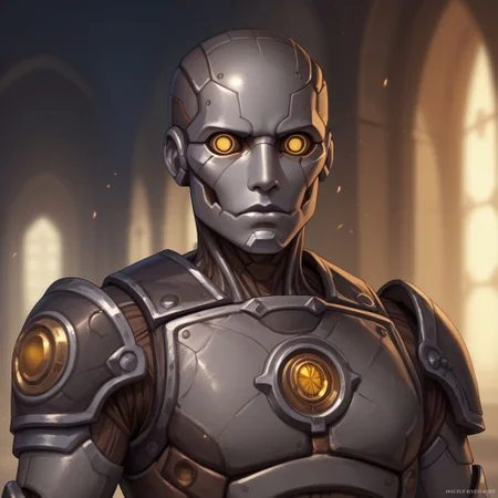 score_9, score_8_up, 8, score_7_up, score_6_up, ((masterpiece)), portrair, 
warforged, metal body, robot, 1boy, yellow eyes, grey metal,
fantasy background, blurred background