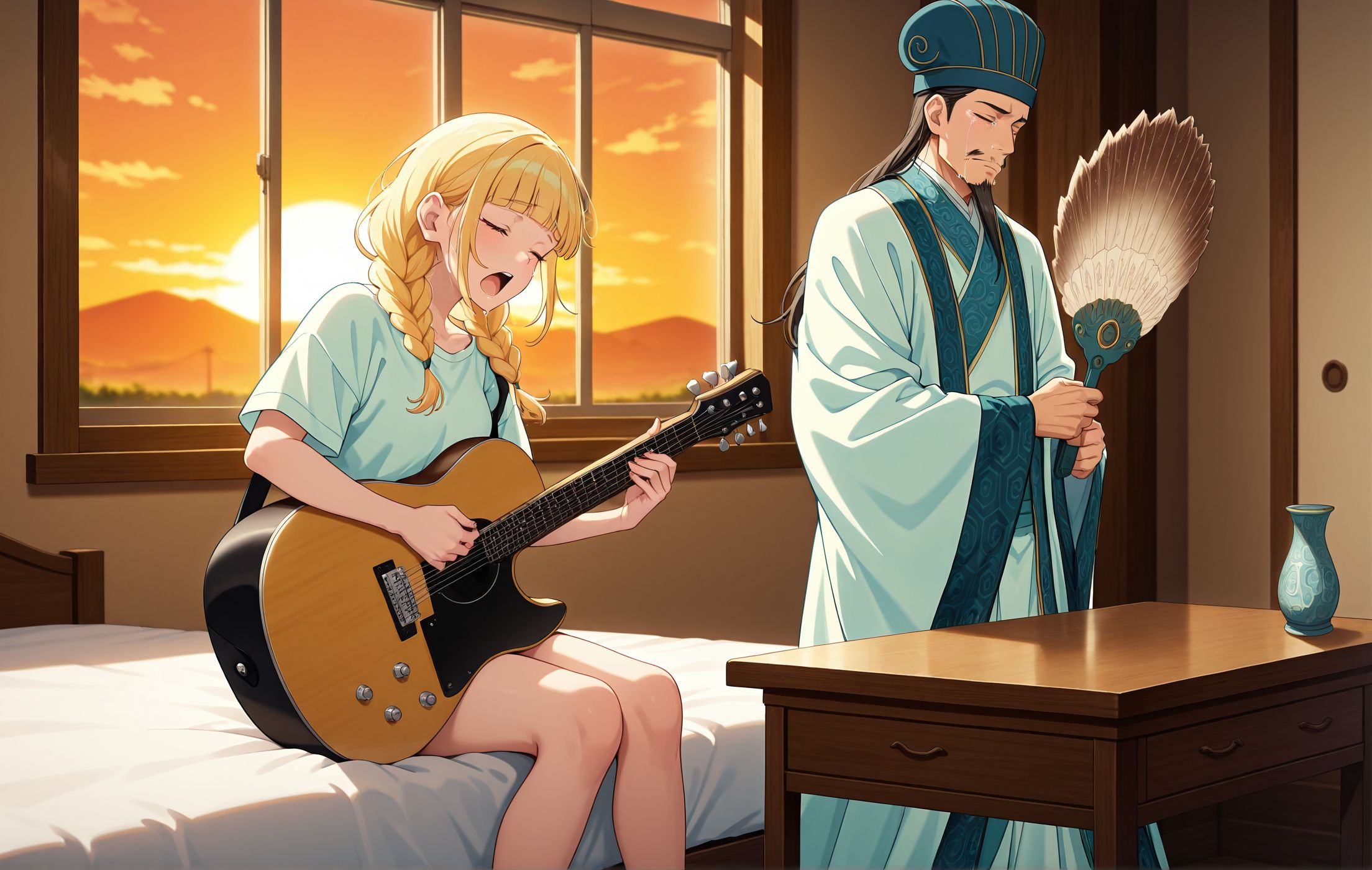 masterpiece,best quality,amazing quality,very aesthetic,absurdres,newest, huge filesize, 
<lora:spo_sdxl_10ep_4k-data_lora_webui:0.5>,anime screenshot, 2d anime,anime coloring, 
<lora:add-detail-xl:1>  
1girl, on bed, sitting, holding Guitar,closed eyes, singing, window,sunset,
1boy, standing, hetero, watching girl playing Guitar ,desk,   crying, 
<lora:Paripi_Koumei_V1:1>
Paripi_KoumeiV1,
BREAK
1girl, on bed, sitting, holding Guitar,closed eyes, singing, window,sunset,
blonde hair,
solo,braid,
long hair,bangs,
twin braids,blunt bangs,
brown eyes,p_eiko_house ,
BREAK
1boy, standing, watching girl,desk,   crying,  solo, holding fan,
facial hair,
chinese clothes,hanfu,
long sleeves,wide sleeves,
long hair,hat,blue headwear,robe,mustache,
closed mouth,sash,black hair,
p_koumei,
