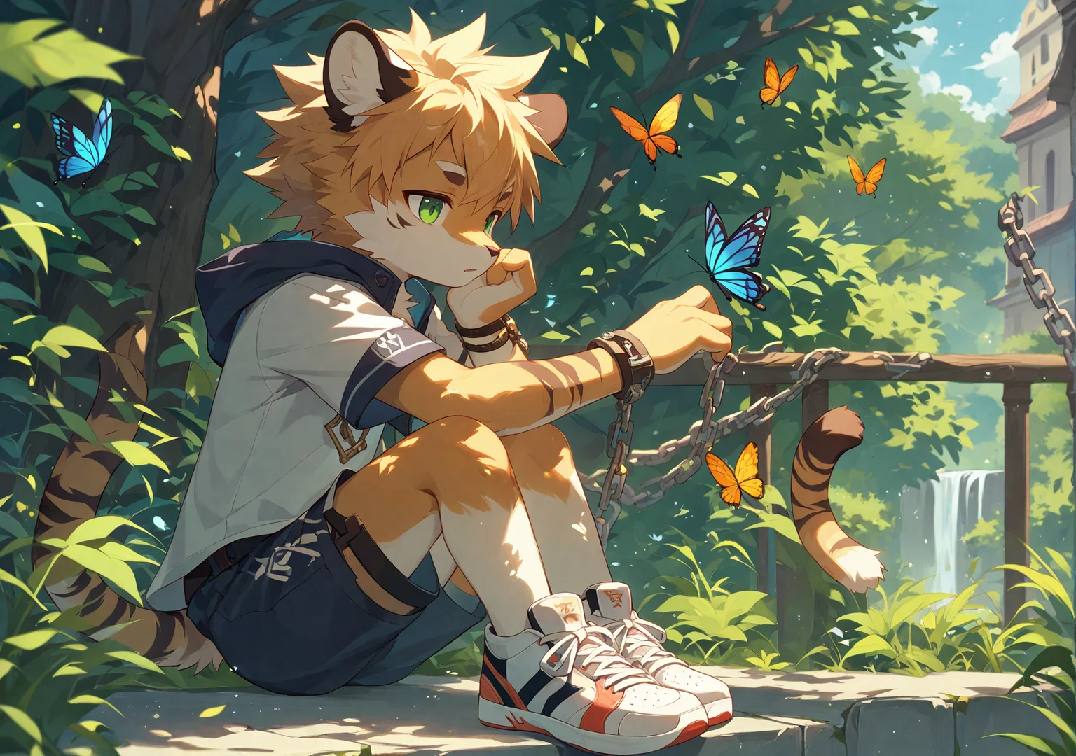 anthro_male, [young_adult],[young_adult male furry],1boy, animal, young_adult, furry_boy, anthro, male, outdoor, butterfly, contemplative_pose, nature_background, sneakers, striped_tail, chain_bracelet, green_eyes, tiger_stripes, soft_lighting, sunlight, detailed_fur
<lora:add-detail-xl:1.5>
<lora:hinaTuningFaceDetailer_SDXL-v2-rank256-pruned:0.5>
<lora:XDetail_light:1>
zPDXL3
<lora:Expressive_H:0.6> Expressiveh