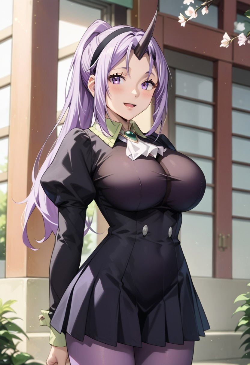 score_9, score_8_up, score_7_up, score_6_up, source_anime, 
detailed eyes, eye reflection,
blush, smile,
shion,
purple eyes, purple hair, high ponytail, single horn, oni, long hair, 
huge breasts, tight waist,
hairpin, cute,
dress, puffy sleeves, black dress, ascot, brooch, skirt, long sleeves, pantyhose, pleated skirt, puffy sleeves, black skirt, black hairband, purple pantyhose,
outdoor,
1girl,
