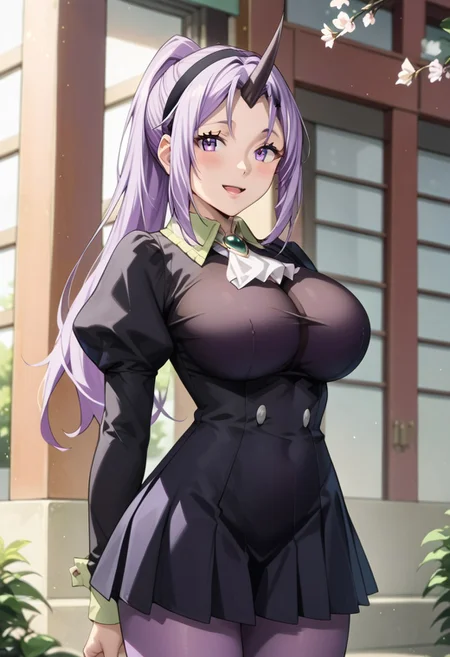 score_9, score_8_up, score_7_up, score_6_up, source_anime, 
detailed eyes, eye reflection,
blush, smile,
shion,
purple eyes, purple hair, high ponytail, single horn, oni, long hair, 
huge breasts, tight waist,
hairpin, cute,
dress, puffy sleeves, black dress, ascot, brooch, skirt, long sleeves, pantyhose, pleated skirt, puffy sleeves, black skirt, black hairband, purple pantyhose,
outdoor,
1girl,