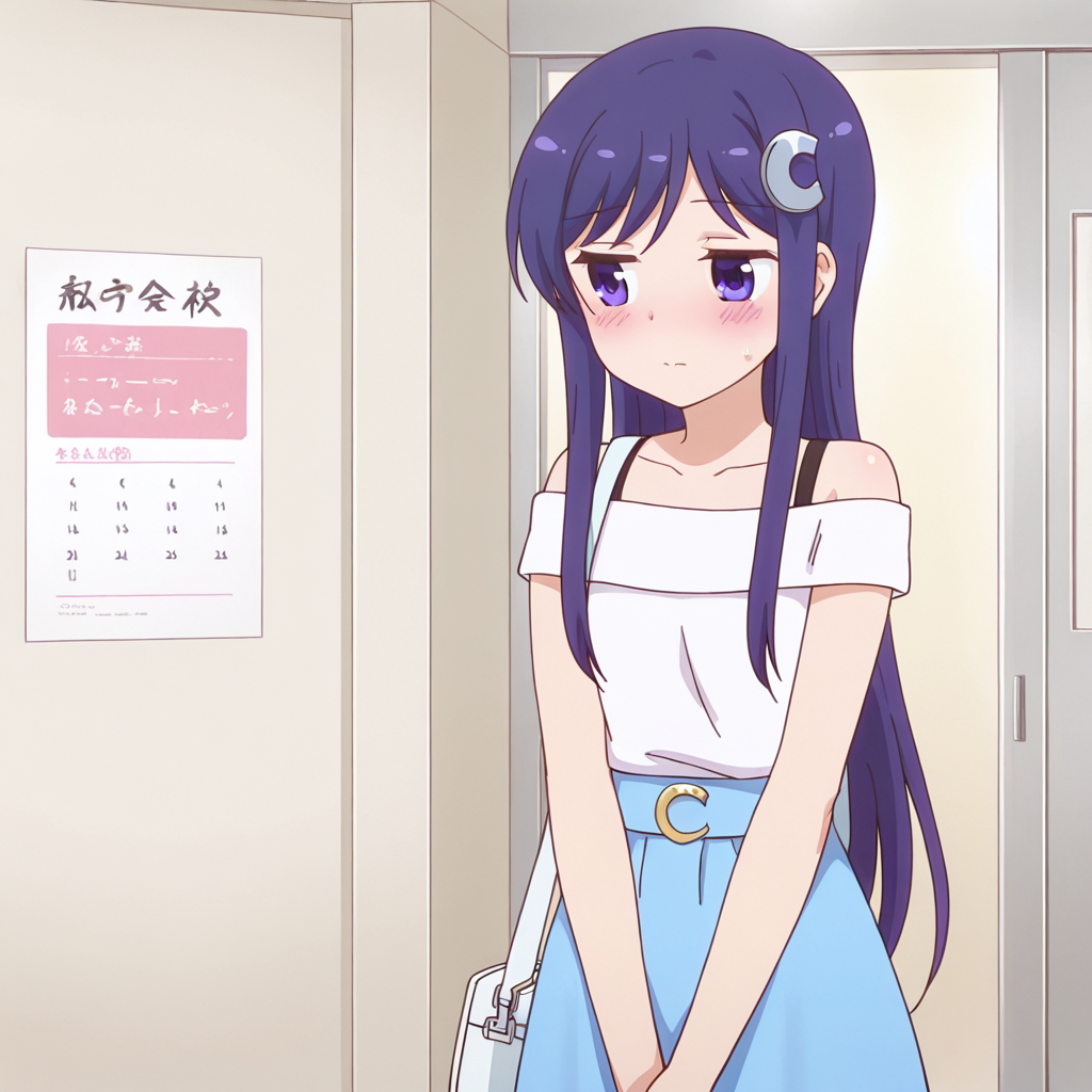 nsfw, masterpiece,best quality,amazing quality,1girl, solo, anima_yell_hizume_arima, long hair, shirt, hair ornament, bag, white shirt, purple eyes, blush, closed mouth,off shoulder, v arms, collarbone, bangs, blue skirt, blue hair, purple hair, looking away, indoors, crescent hair ornament, short sleeves, shoulder bag, bare shoulders, handbag, crescent, off-shoulder shirt, <lora:Hizume_Arima_-_Anima_Yell:0.7>