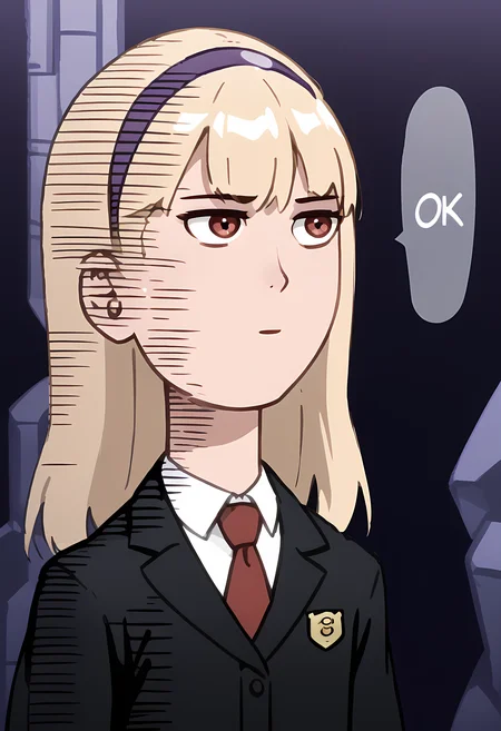 score_7, score_7_up, score_9, score_9_up, BREAK, DC_Justice_ 1girl, blond hair, red eyes, purple hairband, white shirt, black coat, red tie,insignia, insignia on coat, <lora:One_punch_man_meme:1> onepunchman_meme, speech bubble, english text, meme, parody, parallel lines, impact lines, purple gradient background, side view