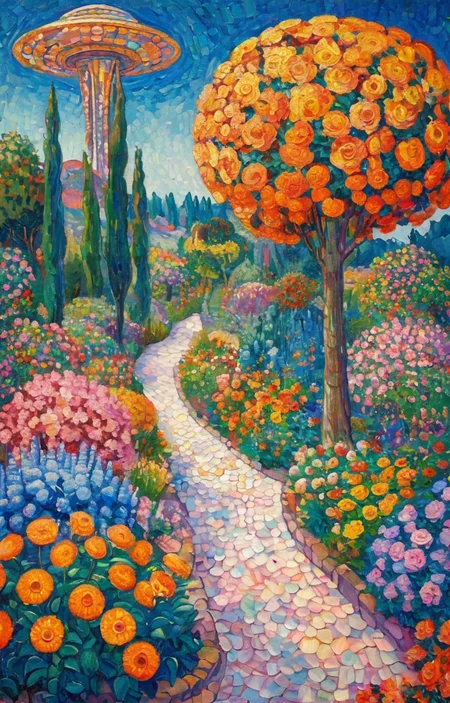 masterpiece,best quality,<lora:tbh130-sdxl:0.7>,spaceship in flower garden,illustration,oil painting,style of Paul Signac,