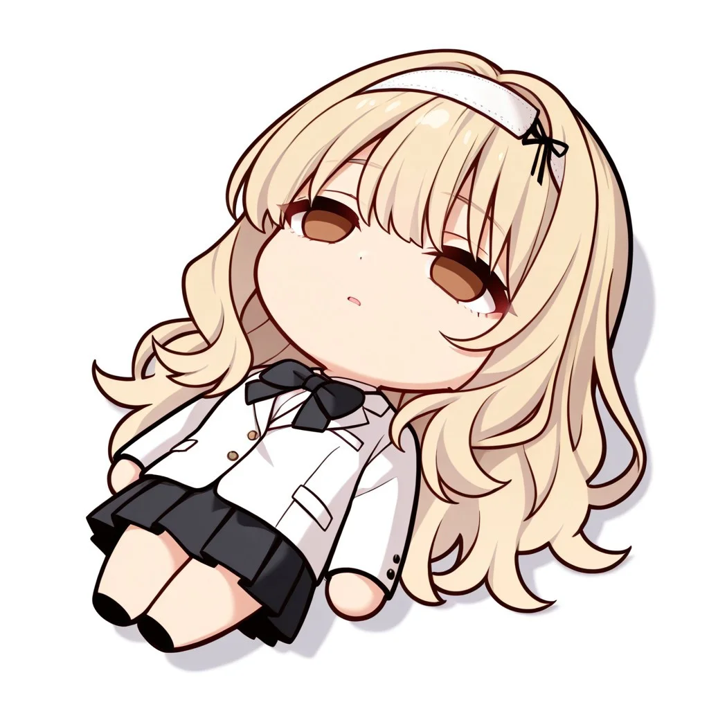 masterpiece, best quality, newest, chibi, full body, lying, on back, empty eyes, solo, 1girl, simple background, white background, KijiHyou, brown eyes, blonde hair, long hair, white hairband, wavy hair, White jacket, white inner shirt, black skirt, pleated skirt, black bowtie