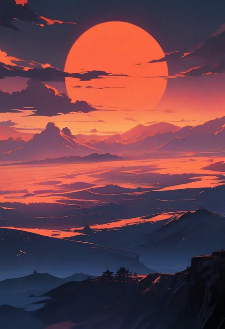 masterpiece, best quality, high contrast, beautiful Landscape, overview, sunset,
moon scenery,