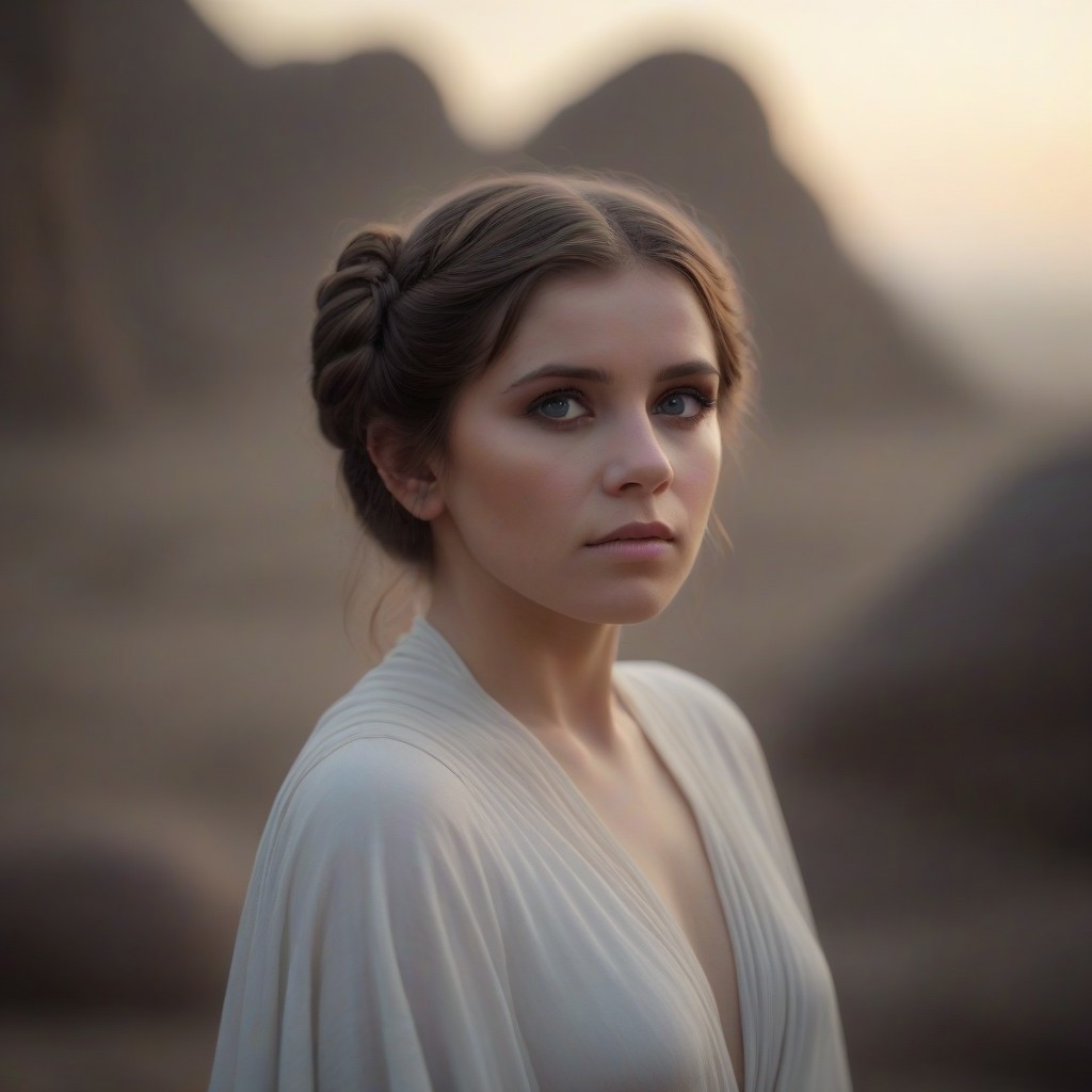 1female, Star Wars prises Leia, (delicate face, beautiful eyes, natural, eye contact), 1male, Luke Skywalker by her side, full body photo, scenic, shallow depth of field, vignette, highly detailed, high budget Hollywood film, bokeh, cinemascope, moody, epic, gorgeous, film grain, Canon EOS R,Canon RF 85mm F1.2L USM, ISO 100