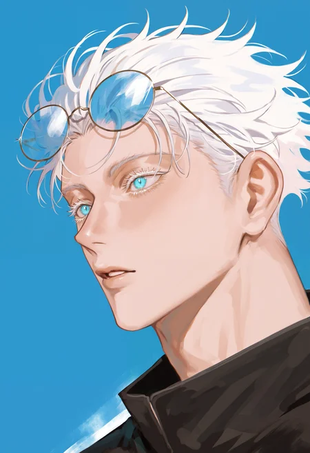 masterpiece, highres, absurdres, newest, very awa, painting \(medium\), portrait, blue background, flat color, 1boy, solo, gojo satoru, male focus, short hair, hair slicked back, white hair, round eyewear, eyewear on head, blue eyes, bright pupils, bright eyes, colored eyelashes, parted lips, looking to the side, jujutsu tech uniform, high collar, <lora:spo_sdxl_10ep_4k-data_lora_webui>, <lora:NOOB_EPSv1_1_detailer_by_vlnvk_v1_0:0.5>, <lora:illustrious_noobai_epsilon_pred_1_best_quality_v1:0.7>, <lora:noobai_ep11_stabilizer_v0.30_fp16:0.4>, <lora:ndsoda:0.85>,