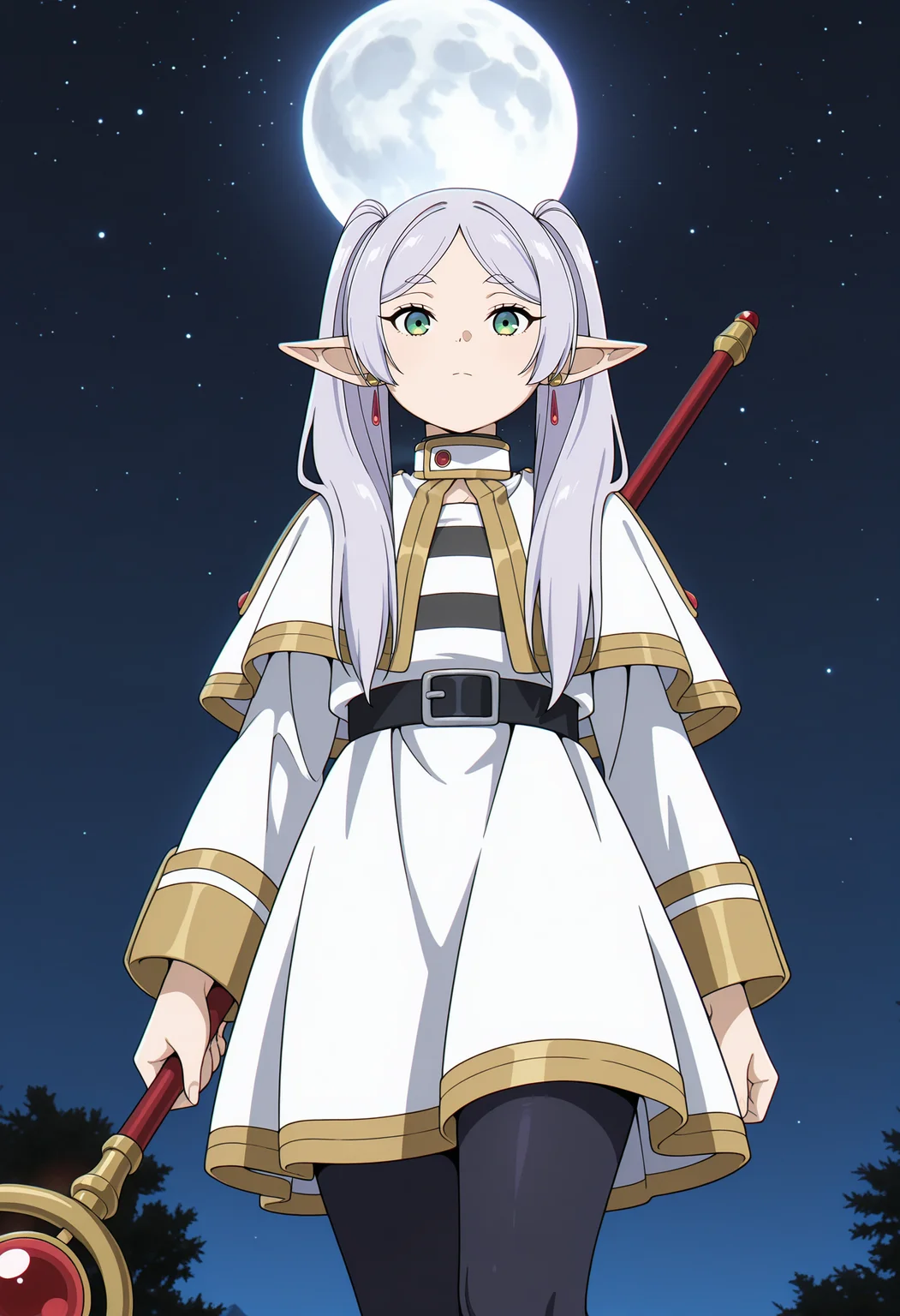 anime screencap, masterpiece, best quality,
<lora:SousouNoFrieren_Frieren_IlluXL:0.9>,
1girl, solo, closed mouth,
grey hair, long hair, green eyes, twintails, parted bangs, earrings, pointy ears,
FrierenCasual, striped shirt, white capelet, black belt, white skirt, long sleeves, black pantyhose, holding staff,
flying, looking at the viewer, from below,
night, full moon, night sky, dark, starry sky, photo background, greyscale