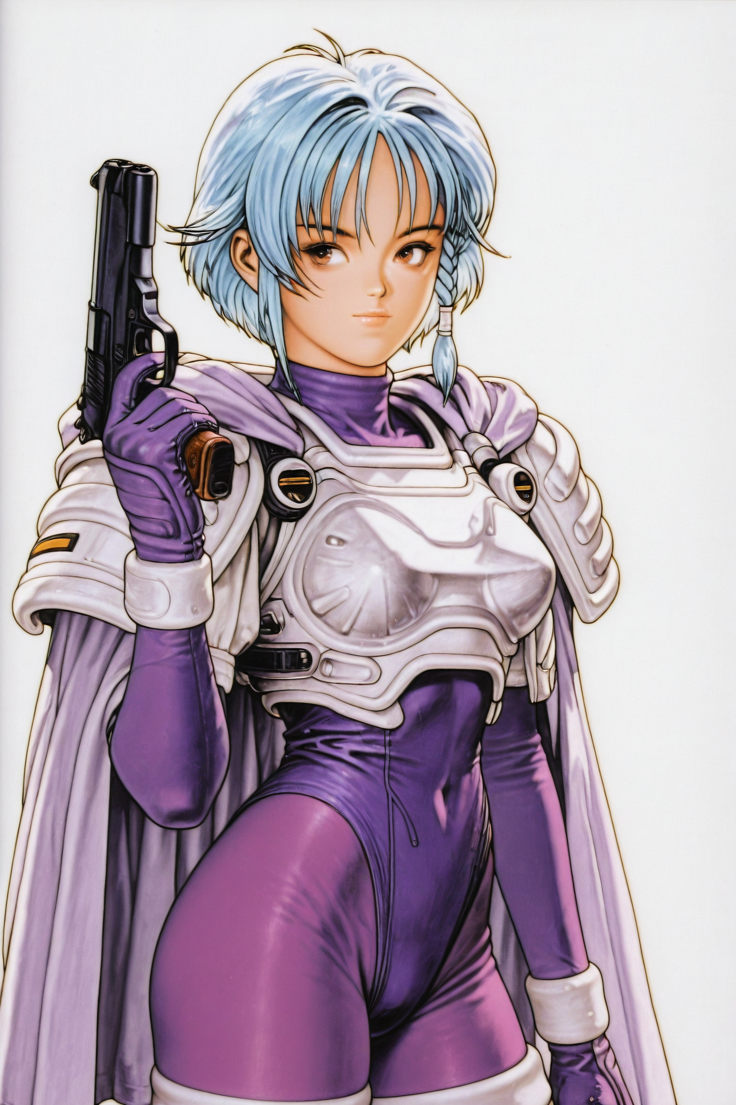 Karin Aoi,1girl,solo,weapon,gun,brown eyes,side braid,handgun,short hair,blue hair,white hair,Purple_bodysuit_White_Pauldrons_White_breastplate_Asymmetrical_legwear_White_thighhighs_hood_down_Purple_Cape,upper body,traditional media,
<lora:Katsura Masakazu_illustriousXL:0.4>,
<lora:All_4_DNA²_heroines_Ami_Kurimoto_Karin_Aoi_Kotomi_Takanashi_and_Tomoko_Saeki:0.5>,
<lora:shinkiro_illustriousXL:1.5>,