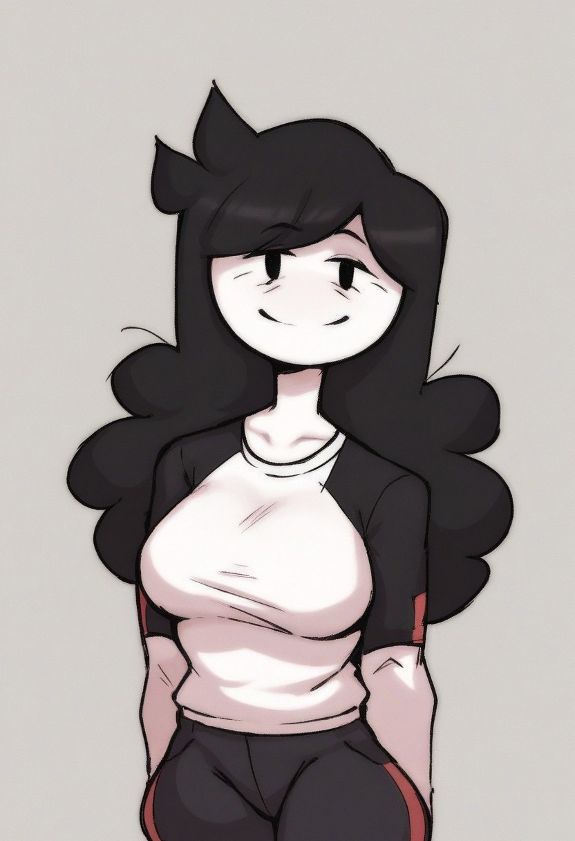 Score_9, Score_8_up, score_7_up, 1girl, Jaidensmom, Milf, Black oval eyes, Age lines, Black eyes, White skin, Colored skin, No sclera, white shirt, black pants, black hair, long hair, gentle smile