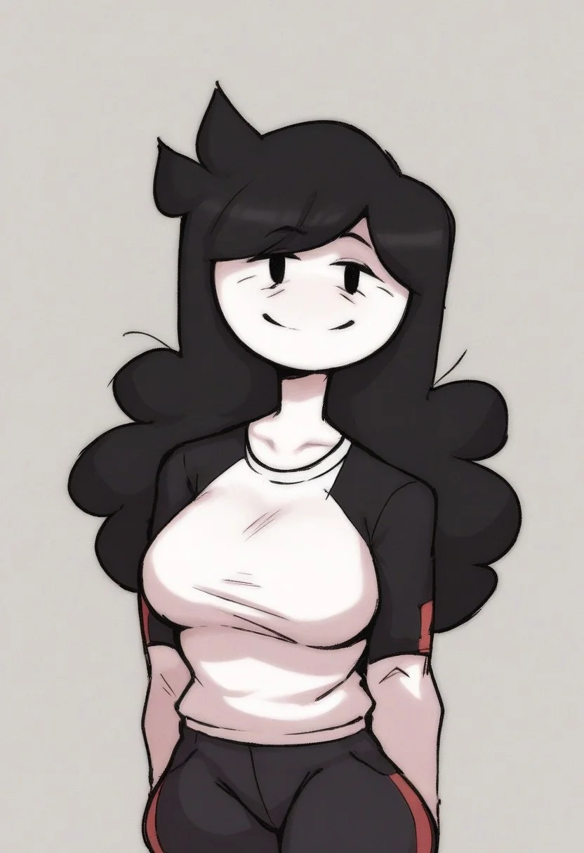 Score_9, Score_8_up, score_7_up, 1girl, Jaidensmom, Milf, Black oval eyes, Age lines, Black eyes, White skin, Colored skin, No sclera, white shirt, black pants, black hair, long hair, gentle smile