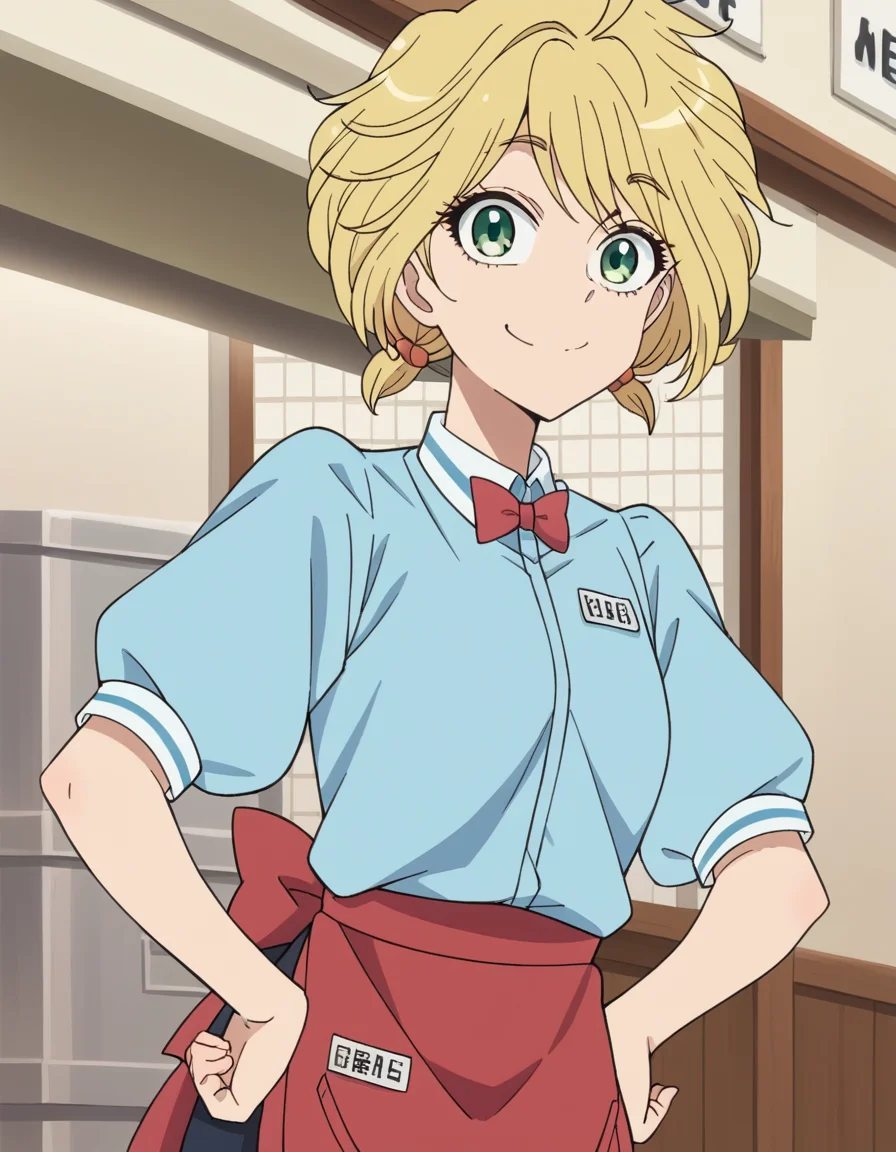 score_9, score_8_up, score_7_up, source_anime, <lora:yui-nishida-s1-ponyxl-lora-nochekaiser:1>, yui nishida, short hair, blonde hair, green eyes, ahoge,, shirt, bow, short sleeves, puffy sleeves, apron, blue shirt, name tag, waitress,, indoors, smug, smile, looking at viewer, solo, hands on hips,, cowboy shot, dutch angle