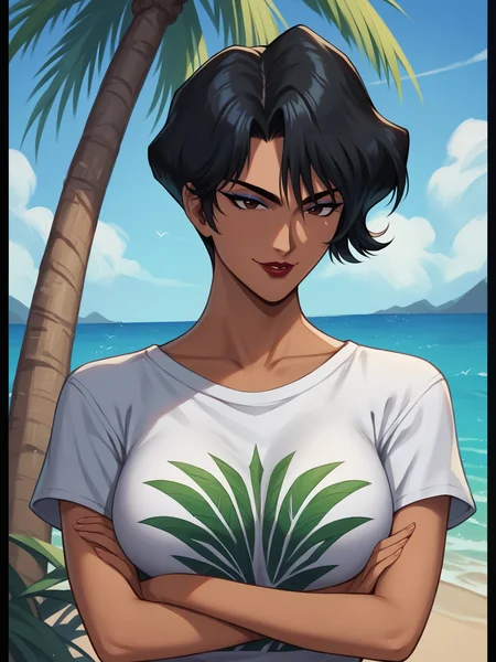 score_9, score_8_up, score_7_up, score_6_up, uncensored, BREAK
hayami ayuko, a girl is leaning back on palm tree, crossed arms, leaning back, leaning on object, leaning on tree, upper body, detailed arms, detailed hands,
dark-skinned female, 1girl, solo, smirk, parted lips, 
black hair, short hair, brown eyes, makeup, lips, lipstick, 
white shirt, t-shirt, (print shirt:1.1), palm tree print, 
large breasts,
outdoors, beach, ocean, tree,
<lora:Hayami Ayuko3216PDXL:1>