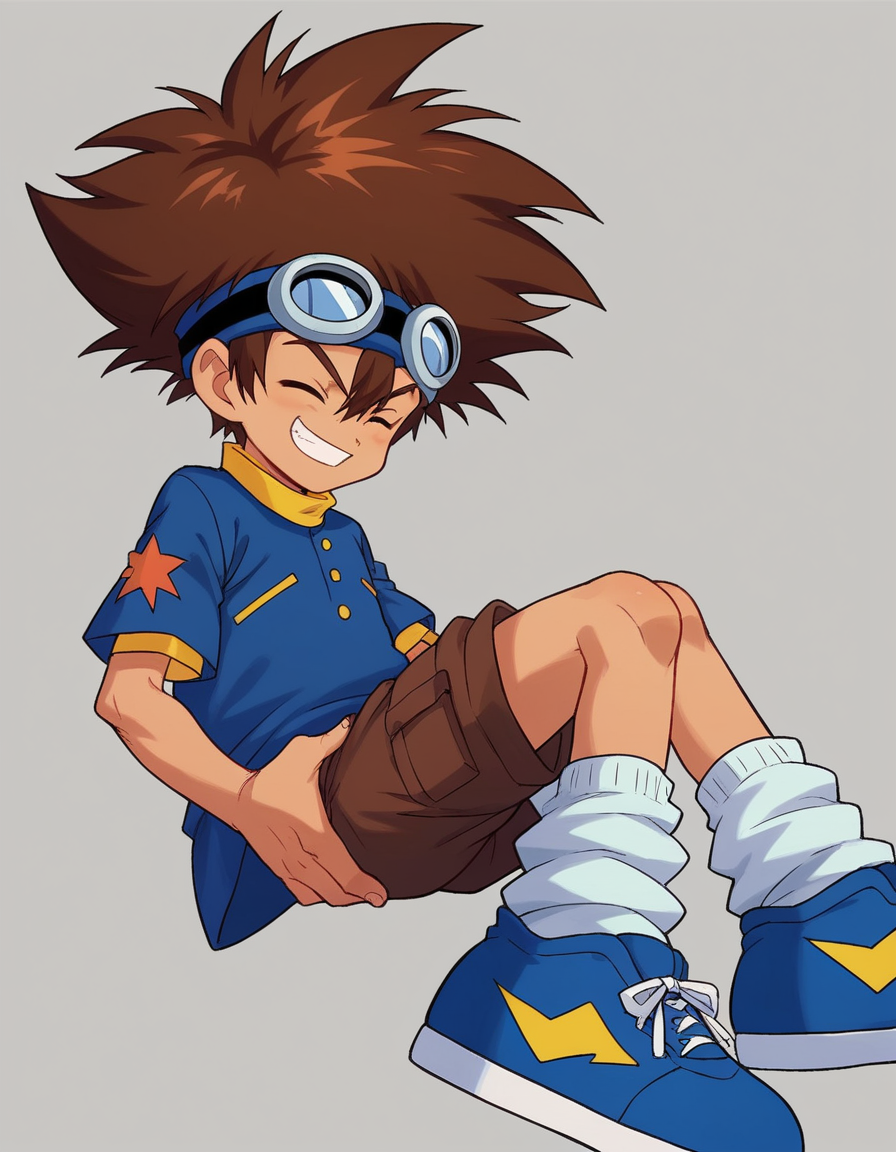 zPDXL, score_9, score_8_up, score_7_up, source_anime,
<lora:Digimon_v2-15:0.8> digimon, 1boy, solo, taichi, brown hair, spiked hair, hair between eyes, goggles on head, goggles on head, blue shirt, yellow collar, brown shorts, white socks, loose socks, white and blue sneakers,, (closed eyes:1.2), smile, fireman's_carry