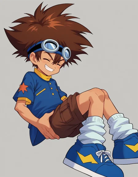 zPDXL, score_9, score_8_up, score_7_up, source_anime,
<lora:Digimon_v2-15:0.8> digimon, 1boy, solo, taichi, brown hair, spiked hair, hair between eyes, goggles on head, goggles on head, blue shirt, yellow collar, brown shorts, white socks, loose socks, white and blue sneakers,, (closed eyes:1.2), smile, fireman's_carry