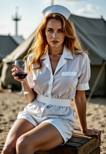 A **hyper-realistic RAW photograph in the style of Robert Capa**, shot on **Kodachrome 1940s film**, capturing a **busty, red hair U.S. Army nurse** in a quiet, seductive moment after a long day on the **beaches of Normandy, 1944**. She sits gracefully on a **wooden crate**, her **tight, slightly disheveled white nurse uniform** accentuating her curves, with the fabric gently pulling at the waist, revealing her **hourglass figure**. The **golden hour light** bathes her in soft, **dramatic shadows**, highlighting her **glowing skin** as she casually letting her **blonde hair fall in loose waves**.
Her **gaze is playful, yet proud**, as she sits with one leg crossed over the other, relaxed and confident, taking a moment of rest amid the chaos. A **glass of red wine** is held delicately between her fingers, adding to the seductive, vintage atmosphere. The **deep background is blurred**, with the faint outlines of a **makeshift medical tent** and **shadows of soldiers** fading into the distance. The **grainy texture and muted tones** of the **Kodachrome film** enhance the timeless, intimate feel of the moment, evoking a sense of **sensual strength and quiet pride**, as the nurse reflects on her role amidst the war-torn landscape.