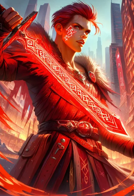 1man, flashfire glowing runes, holding a glowing sword, background city, red, Clear picture, high res, defined facial features, best mouth and teeth, realistic,