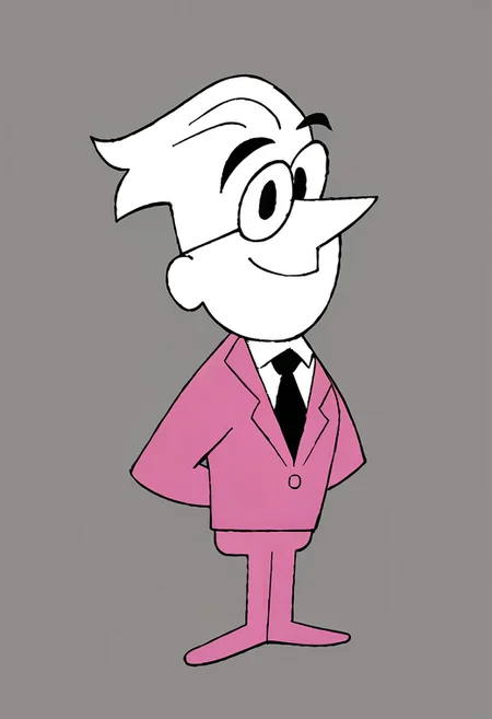 <lora:UmbertActuallyv1.0:0.8> (zPDXL2), score_9, score_8_up, score_7_up, source_cartoon, umbert_awi, 1boy, solo, human, white skin, short hair, white hair, pointy nose, pink suit, long sleeves, black necktie, pink pants BREAK full body, toony, standing, thick eyebrows, glasses, black eyes, looking at viewer, smile, arms behind back BREAK flat colors, gray background
