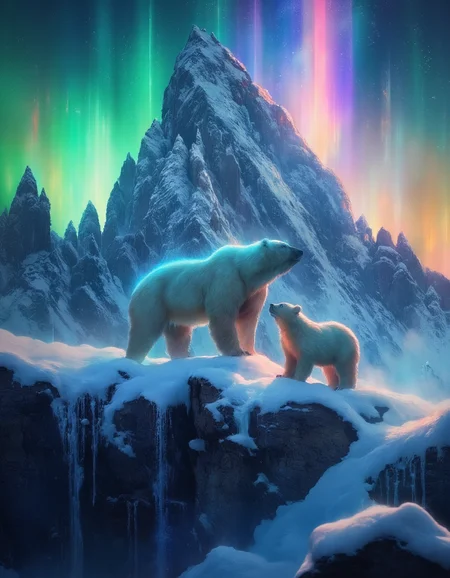 A closeup of a majestic Polar bear and it's cub standing on top of a snowy cliff looking up at the the rainbow aurora in the sky, the polar bear and the cub are rim lit by colorful glows, a great majestic mountain in the background, epic, dramatic, cinematic, surreal, Vibrant Glow, <lora:- Flux1 - vanta_black_V2.0:0.7>, vantablack, <lora:FluxDFaeTasticDetails:0.7>, <lora:ImpressionismFlux:0.7>, ArsMJStyle, impressionism, <lora:Detailer2K:0.6>, magical glowing light atmosphere, detailed, <lora:jj_Flux:0.43>