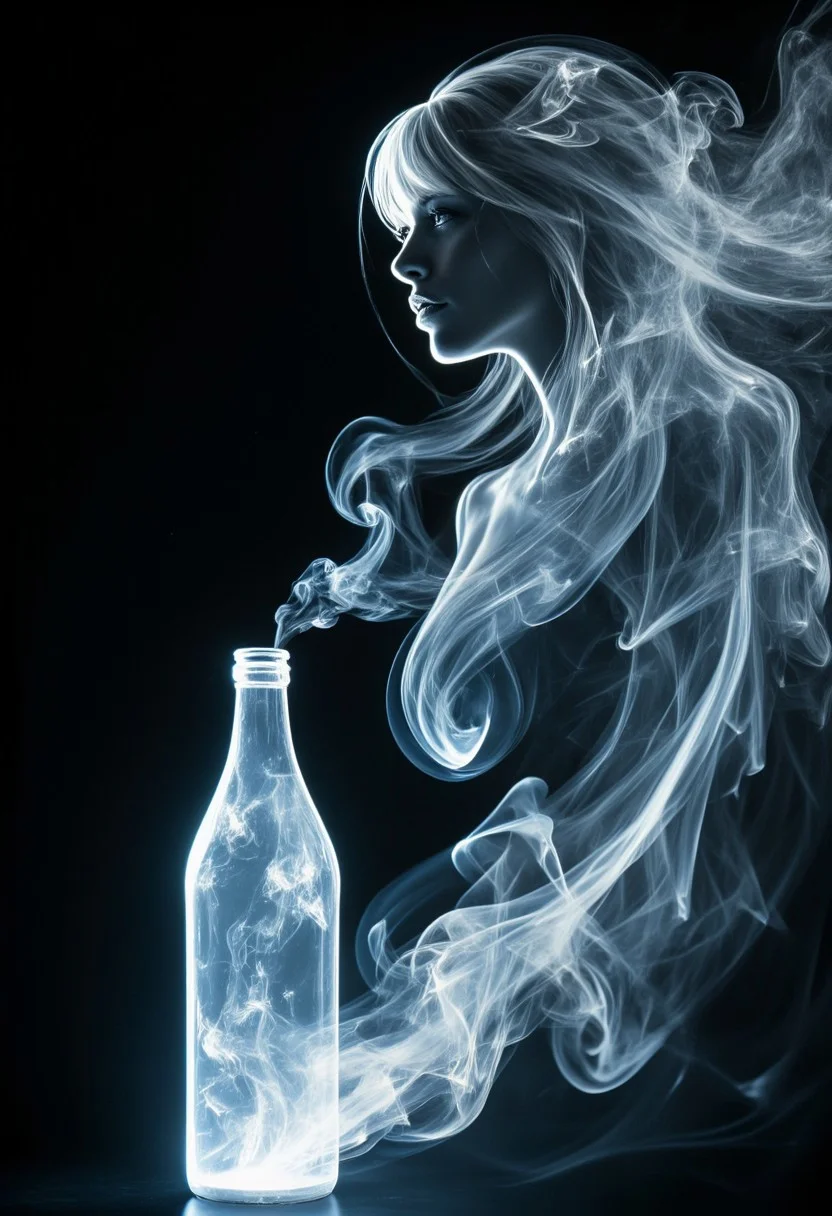 Silhouette Art, magnificent. smoke emanating from a magical bottle to coalesce into a magical ethereal female air elemental, long hair, bangs, made_of_smoke, translucent, ethereal, dark background