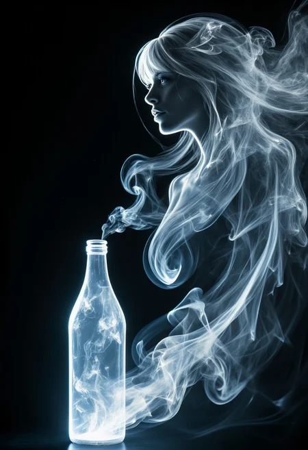 Silhouette Art, magnificent. smoke emanating from a magical bottle to coalesce into a magical ethereal female air elemental, long hair, bangs, made_of_smoke, translucent, ethereal, dark background