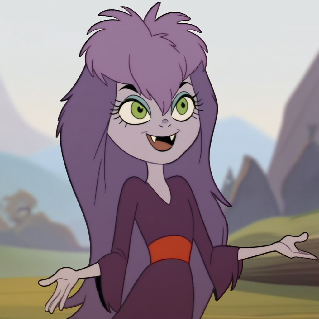 score_9, solo, Sibella, purple hair, long hair, green eyes, dress, fangs, outdoors
