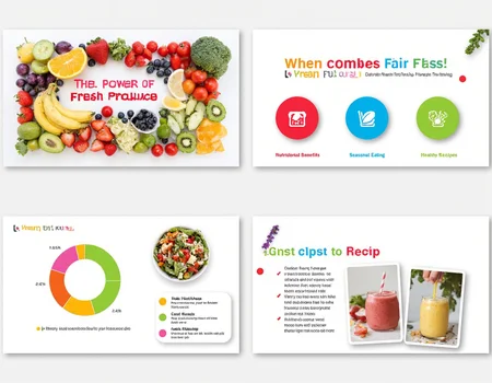 This set of four images highlights a vibrant and health-conscious PowerPoint template focused on fruits and vegetables; [IMAGE1] features a cover slide titled âThe Power of Fresh Produceâ with a colorful collage of fruits and vegetables on a clean, white background; [IMAGE2] organizes sections like âNutritional Benefits,â âSeasonal Eating,â and âHealthy Recipesâ with bright, cheerful icons; [IMAGE3] includes a pie chart showcasing daily recommended servings of fruits and veggies; [IMAGE4] presents a recipe slide with images of salads and smoothies, alongside quick tips for maintaining a balanced diet., flat chest