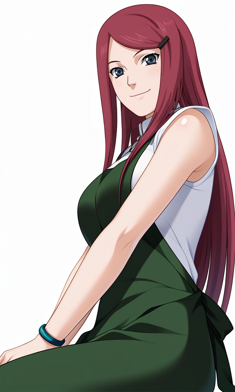 game cg,
breasts,
kushinauzumaki, 1girl, solo, looking at viewer, long hair, hairclip,
green apron, white shirt, collar, bracelet, 
from below, from side, sitting,
smile, closed mouth, 
white background, simple background,
 <lora:Naruto_KushinaUzumaki_v2_PXL-000018:1>