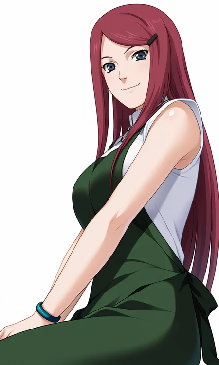 game cg,
breasts,
kushinauzumaki, 1girl, solo, looking at viewer, long hair, hairclip,
green apron, white shirt, collar, bracelet,
from below, from side, sitting,
smile, closed mouth,
white background, simple background,
<lora:Naruto_KushinaUzumaki_v2_PXL-000018:1>