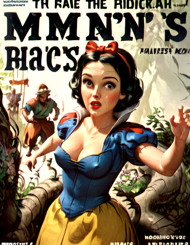 Snow White, <lora:princess_pony_v1:.6> princess, Cleavage, parody, (breasts:1.1), covered nipples, 3d <lora:Mens_Adventure_Covers:1> 4dventur3c0v3r, magazine cover, manslife, Man,, score_9, score_8_up, score_7_up, BREAK