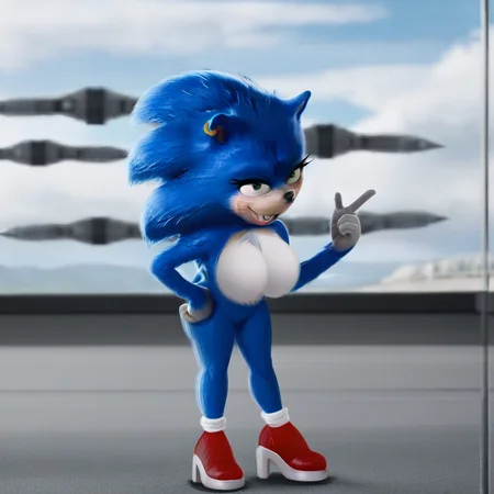 animal ears, Sonic, white socks, blue hedgehog, earring, eyeshadow, female anthro, red shoes, white gloves, green eyes, choker