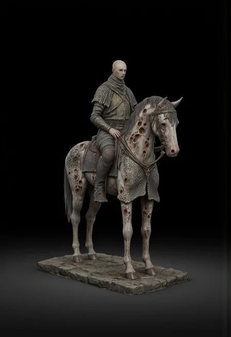 decayed non humanoid plagued Obscure medieval military armored rotting postulant horse without a rider
Standing on a flat ground
Set against a solid dark black color background to emphasize its unsettling unnatural form that emphasizes its silhouette. The medium is not a traditional painting or illustrative medium like watercolor or ink but rather a digital 3D rendering.
MikeFranchinastyle, bbstyle,, horror theme,, ZBClay model of a gray sculpture, zbrush, d4arks0uls, overcast lighting