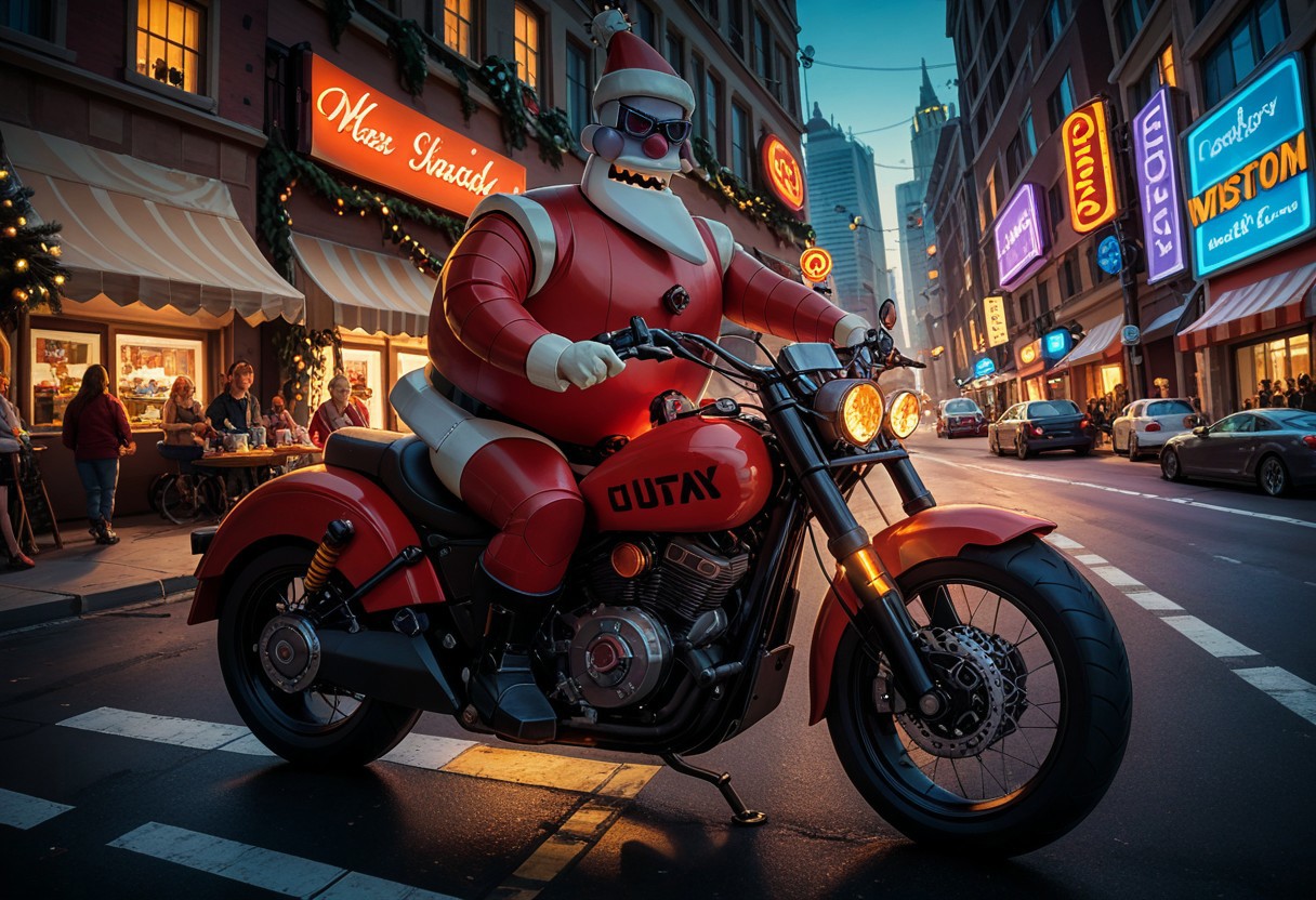 score_9, score_8_up, score_7_up,  Robotic Santa Claus in sunglasses rides to collect presents on a Harley-Davidson motorcycle, Christmad techтo city background