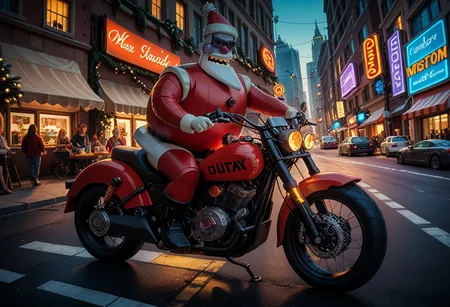 score_9, score_8_up, score_7_up, Robotic Santa Claus in sunglasses rides to collect presents on a Harley-Davidson motorcycle, Christmad techтo city background