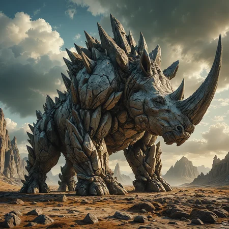profile sideview, colossal Fantasy beast hybrid_rhino_rock golem in a vast ancient landscape, the creature made out of sharp and pointy stones, The creature has the formidable size and sharp imposing horn of a rhino, combined with the rocky texture and sturdy structure, and crystalline formations of a golem, The ground is rough and rocky, In the distance there are towering mountains and a dramatic sky with swirling clouds, its massive form casting a long shadow, The creature and the landscape appear as one a harmonious blend of natural and supernatural elements, film grain, misty and foggy, dramatic, cinematic, moody, epic, <lora:MJ52:0.4>, <lora:SDXLFaeTastic2400:0.5>, <lora:add-detail-xl:0.7>