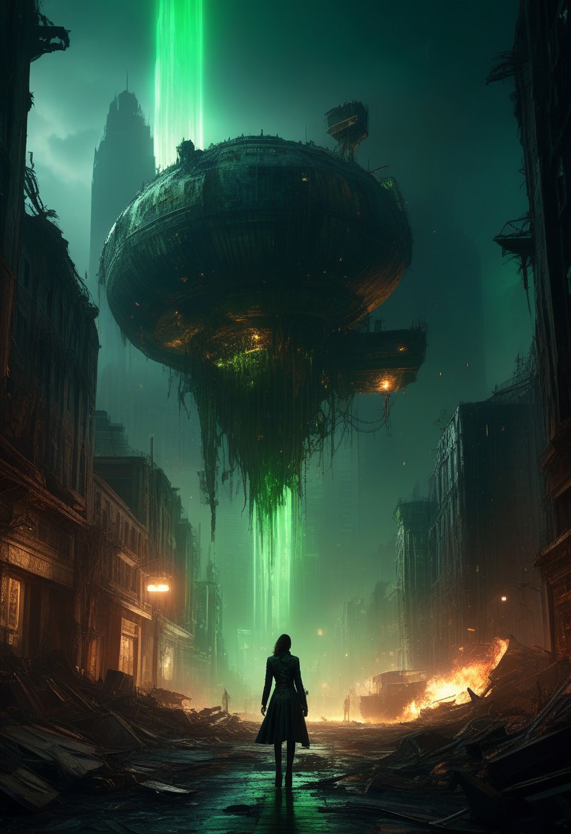 score_9, score_8_up, score_8_up, ((Cinematic composition)),((masterpiece)), (resplendent highlighting), 8k.  a pencil sketch depicting a post cataclysm steampunk city. realistic. high detailed, 4k, Create ultrarealestic and dystopian, 8k resolution, sharp focus, --chaos 60, night street, photo realistic, with some garbage on the ground, newspaper, drinks cans, matrix ambience, big explosion in the background, green light, dark ambiance, hight detailed, matrix movie inspiration, The wind carries her mournful sigh across the ruined city, software engineers, office in cyberpunk megacity, assembled cast, atmospheric lighting, a lament for a fallen world and a future that now lies in ruins. Vibrant thick dripping paint. Intense detail, realistic, dynamic shadows and contrasts. surreal, intense colors, liquid, unreal parts, alluring, fluid, perfection, gothic. 
Huge skeletal mechas I walking through a devastated city.  Style-Volumetric, gl0wing