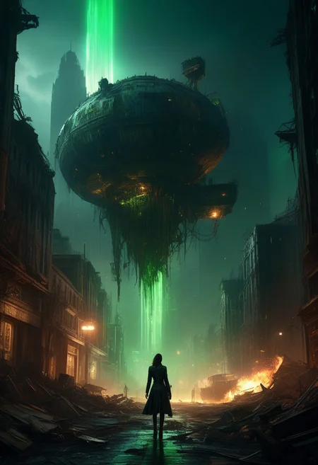 score_9, score_8_up, score_8_up, ((Cinematic composition)),((masterpiece)), (resplendent highlighting), 8k.  a pencil sketch depicting a post cataclysm steampunk city. realistic. high detailed, 4k, Create ultrarealestic and dystopian, 8k resolution, sharp focus, --chaos 60, night street, photo realistic, with some garbage on the ground, newspaper, drinks cans, matrix ambience, big explosion in the background, green light, dark ambiance, hight detailed, matrix movie inspiration, The wind carries her mournful sigh across the ruined city, software engineers, office in cyberpunk megacity, assembled cast, atmospheric lighting, a lament for a fallen world and a future that now lies in ruins. Vibrant thick dripping paint. Intense detail, realistic, dynamic shadows and contrasts. surreal, intense colors, liquid, unreal parts, alluring, fluid, perfection, gothic. 
Huge skeletal mechas I walking through a devastated city.  Style-Volumetric, gl0wing