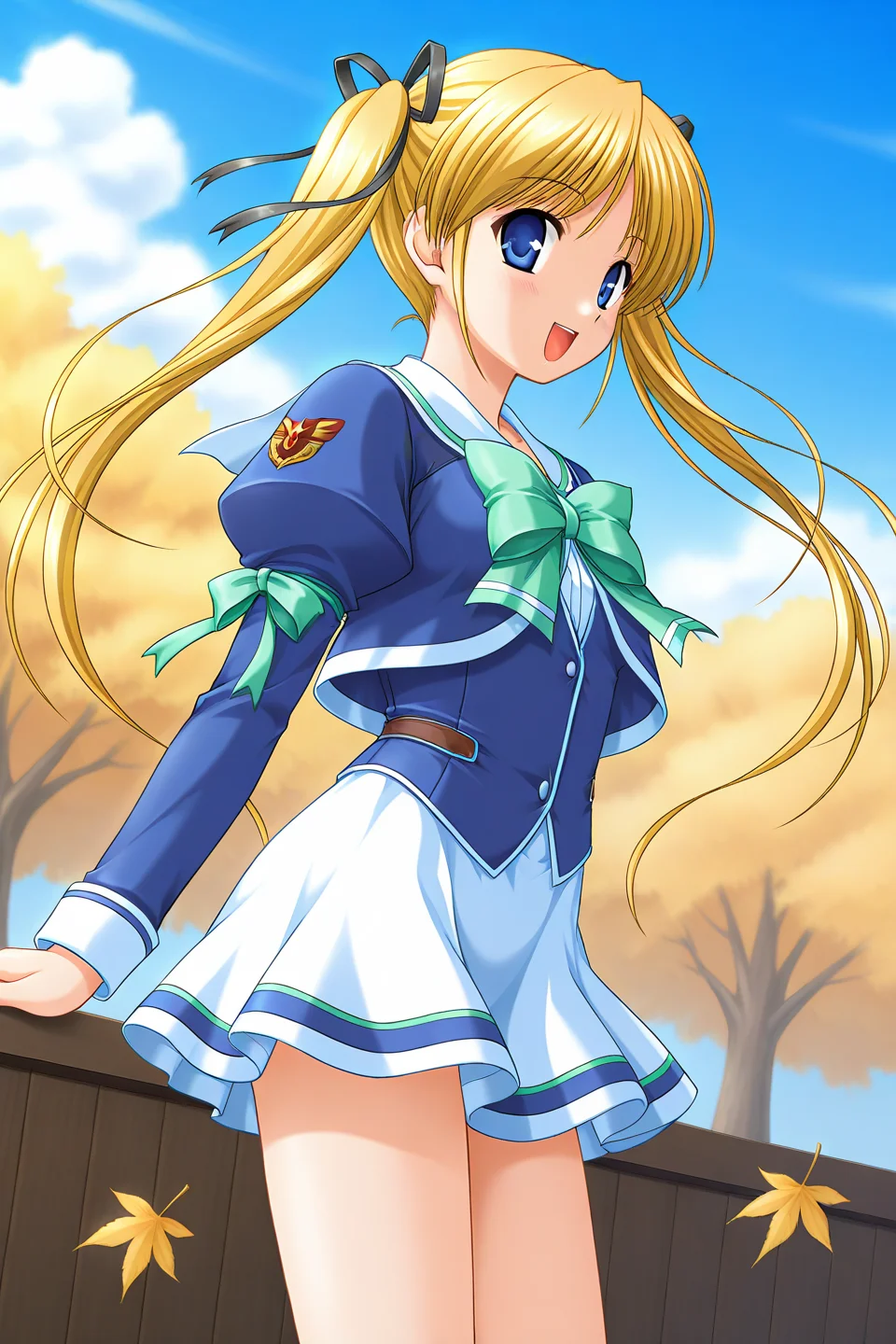 masterpiece, best quality, absurdres, official art, official style, rating generael BREAK <lora:shibugakimatsuri_IL_v1-3:0.7>, shibugaki matsuri, 1girl, solo, blonde hair, blue eyes, very long hair, bangs, twintails, hair ribbon, black ribbon, small breasts BREAK winter uniform, school uniform, blue jacket, juliet sleeves, emblem, green ribbon, arm ribbon, white sailor collar, collarbone, green bowtie, white shirt, purple vest, white skirt, miniskirt, blue line skirt, open mouth, smile, blush, looking at viewer, v, cowboy shot, standing, flat chest, profile, close-up, from side, leaf, depth of field, floating hair, outdoors