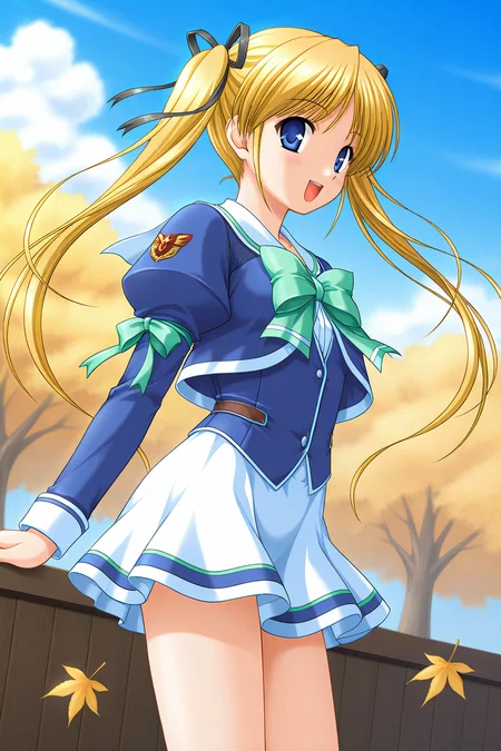 masterpiece, best quality, absurdres, official art, official style, rating generael BREAK <lora:shibugakimatsuri_IL_v1-3:0.7>, shibugaki matsuri, 1girl, solo, blonde hair, blue eyes, very long hair, bangs, twintails, hair ribbon, black ribbon, small breasts BREAK winter uniform, school uniform, blue jacket, juliet sleeves, emblem, green ribbon, arm ribbon, white sailor collar, collarbone, green bowtie, white shirt, purple vest, white skirt, miniskirt, blue line skirt, open mouth, smile, blush, looking at viewer, v, cowboy shot, standing, flat chest, profile, close-up, from side, leaf, depth of field, floating hair, outdoors