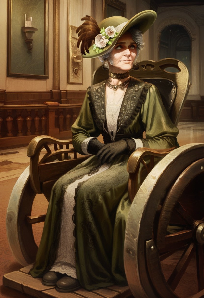 score_9_up, score_8_up, score_7_up, score_6_up, 1girl, solo, Ant0nia_LoP, grey hair, short hair, white eye, green eye, smile, green dress, lace, green hat, hat feather, hat flower, choker, necklace, lace gloves, sitting in wheelchair, full body, indoors, hotel interior, (realistic, painted art)