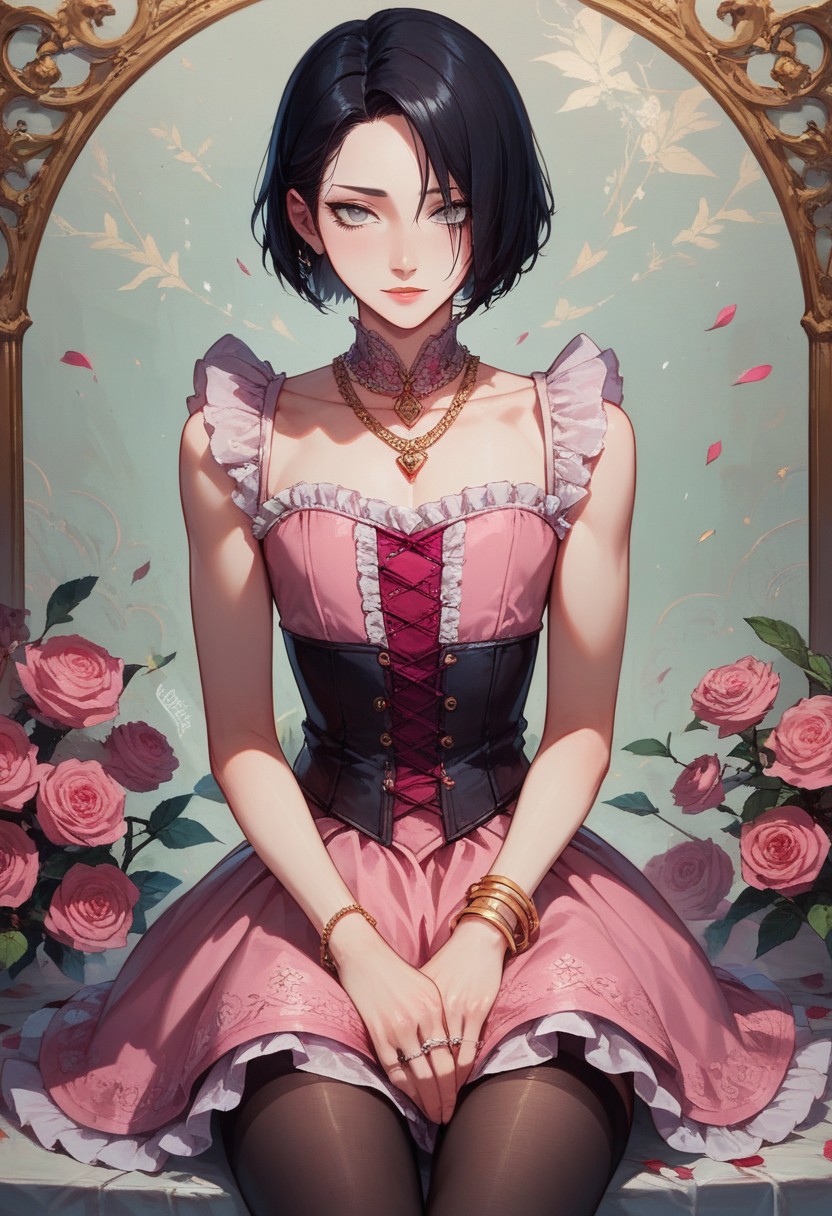 score_9, score_8_up, score_7_up, 1boy, femboy, otoko no ko, short hair, bob cut hair, black hair, grey eyes, gray eyes, feminine face, toned body, Shelly, pantyhose, ruffles, pink rose, thighhighs, flowers, rose corsage, sleeveless, necklace, jewelry, bracelet, pink dress, rose, ring, pink frilly dress, flower, lace trim, frilled dress, highly detailed, intricate, zzCitronCAT, flirty expression, sitting, leaning back, legs together, hands in lap, looking at viewer, cowboy shot, modelshoot, abstract background, solo
