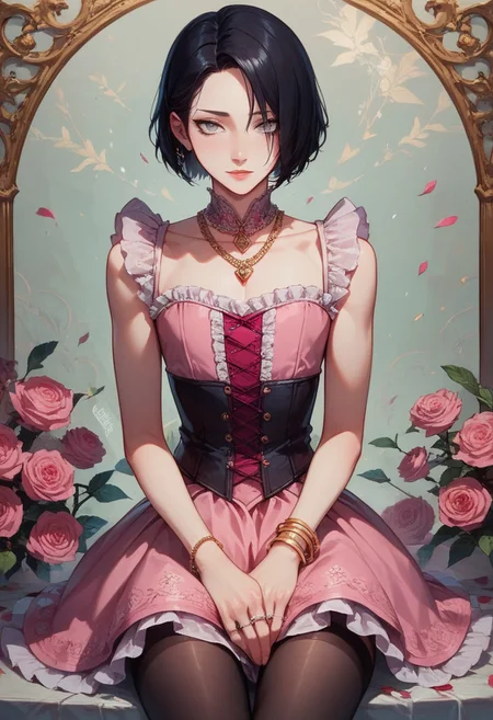 score_9, score_8_up, score_7_up, 1boy, femboy, otoko no ko, short hair, bob cut hair, black hair, grey eyes, gray eyes, feminine face, toned body, Shelly, pantyhose, ruffles, pink rose, thighhighs, flowers, rose corsage, sleeveless, necklace, jewelry, bracelet, pink dress, rose, ring, pink frilly dress, flower, lace trim, frilled dress, highly detailed, intricate, zzCitronCAT, flirty expression, sitting, leaning back, legs together, hands in lap, looking at viewer, cowboy shot, modelshoot, abstract background, solo
