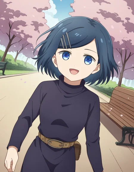 score_9, score_8_up, score_7_up, source_anime, <lora:dungeonpeople-clay-s1-ponyxl-lora-nochekaiser:1>, clay, short hair, blue eyes, black hair, hair ornament, blue hair, hairclip, swept bangs,, dress, belt, long sleeves, turtleneck,, park, cherry blossoms, bench, gentle breeze, peaceful, running, open mouth,, , looking at viewer, smile, solo,, cowboy shot, dutch angle